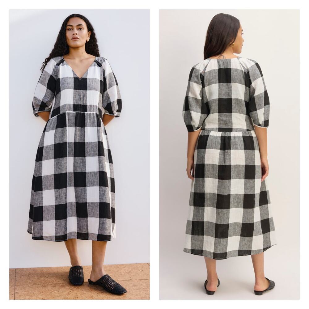 Everlane Linen Oversized Puff Sleeve Check Pattern Midi Dress Size S